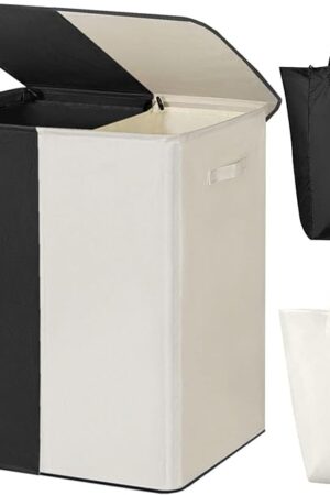 WOWLIVE Double Laundry Baseket with Lid and Removable Laundry Bags,154L Large Laundry Hamper 2 Section Collapsible Dirty Clothes Hamper for Laundry Room,College Dorm,Bathroom,Black and Beige