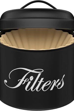 Black Basket Coffee Filter Holder With Lid - Round Container for Counter Storage - Rustic Farmhouse Bar Accessories Decor