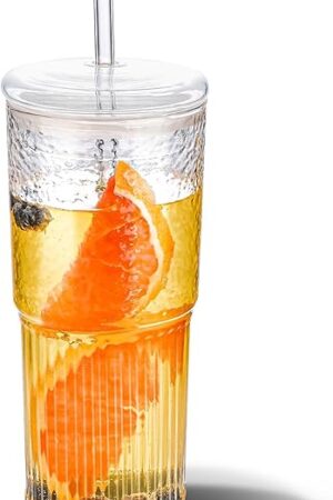 20 OZ Iced Coffee Cup With Glass Lids and Straws,High Borosilicate Glass Tumbler Cup Reusable Wide Mouth Smoothie Cups(Clear,1cup)…