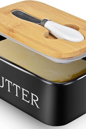 Butter Dish with Lid, Large Butter Dish for Countertop, Ceramic Butter Keeper Container with Knife and High-Quality Silicone Sealing Butter Box for Home Decor Good Kitchen Gift Black