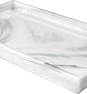 White Marble Bathroom Counter Tray - Ceramic Perfume Organizer and Jewelry Dish for Vanity Dresser