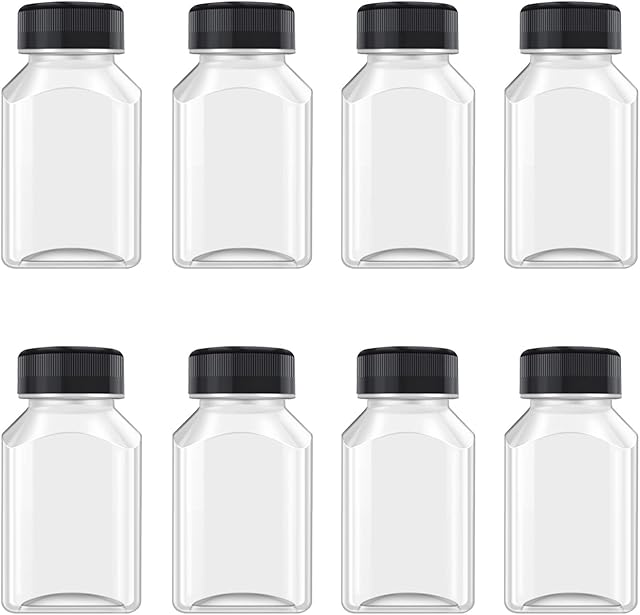 8 Pcs 4 Oz Juice Bottles Plastic Ginger Shot Bottles, Leak Proof, Beverage Containers for Juice, Smoothie, Milk, Black Lid