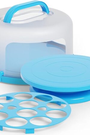 Cake Cupcake Carrier with Lid and Handle + Cake Stand Plate with Dome | 10" Round Cake Container Holder with Cover | Plastic Pie Carrier Cake Storage Container | Bunt Keeper Platter Tray for Transport