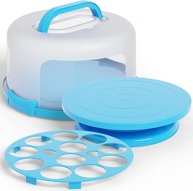 Cake Cupcake Carrier with Lid and Handle + Cake Stand Plate with Dome | 10" Round Cake Container Holder with Cover | Plastic Pie Carrier Cake Storage Container | Bunt Keeper Platter Tray for Transport