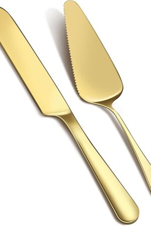 2Pcs Wedding Cake Knife and Server Set, Premium Cake Cutter includes 10.63" Cake Knife and 9.25" Pie Server, Stainless Steel Cake cutting set for Wedding, Birthday, Anniversary, Gold