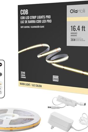 16.4ft COB LED Strip Light with Remote, 3000K Dimmable Bright Warm White Led COB Strip Light, White Continuous Led Strip Light for Mirror, Stair, Cabinet, Room