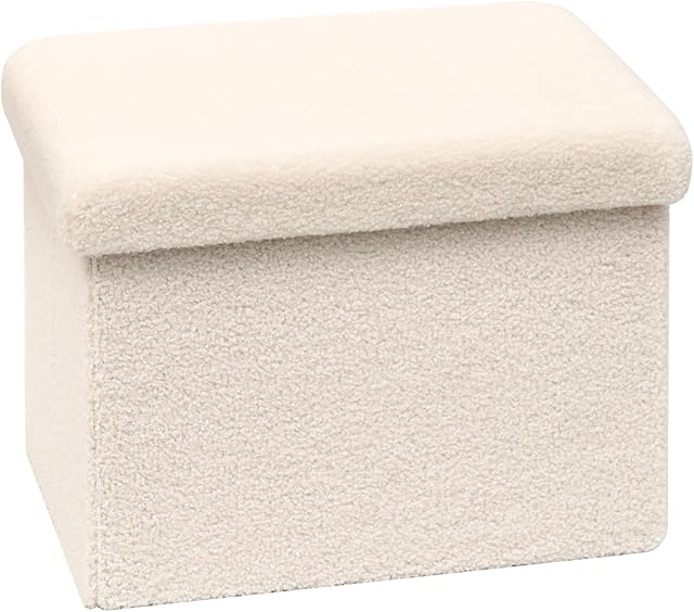 B FSOBEIIALEO Storage Ottoman Cube Small Sherpa Ottoman Foot Rest, Foldable Portable Boucle Ottomans, Faux Teddy Fur, Cream White 16.5"x12.6"x12.6"