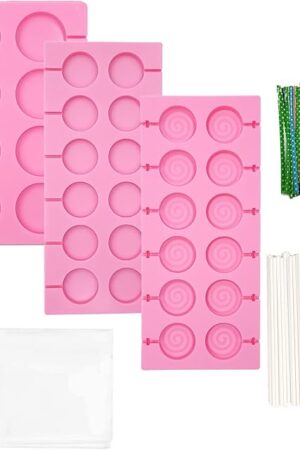 3 Pack Silicone Lollipop Molds Round Swirl Shape With 50Pcs Lollipop Sticks and Bags Hard Candy Sucker Mold Chocolate Biscuit Baking Tool 8 Holes and 12 Holes Set(Pink)