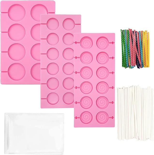 3 Pack Silicone Lollipop Molds Round Swirl Shape With 50Pcs Lollipop Sticks and Bags Hard Candy Sucker Mold Chocolate Biscuit Baking Tool 8 Holes and 12 Holes Set(Pink)