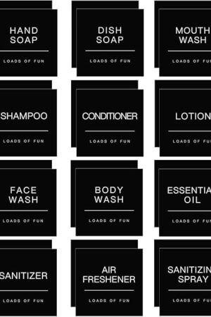 Bathroom Label Stickers for Organizing, Waterproof Label Stickers for Bottles and Jars Containers, Hand Soap and Lotion Shampoo Conditioner Soap Dispenser Labels (24 PCS, Black)