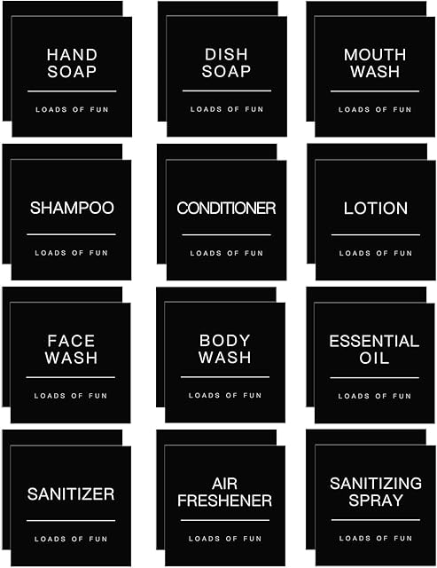 Bathroom Label Stickers for Organizing, Waterproof Label Stickers for Bottles and Jars Containers, Hand Soap and Lotion Shampoo Conditioner Soap Dispenser Labels (24 PCS, Black)