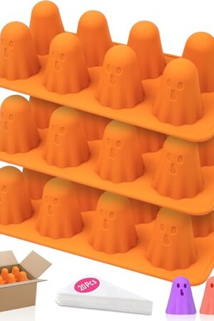 3pcs Halloween Ghost Jello Gummy Baking Silicone Mold with 20 Piping Bags,Halloween Ghost Ice Cake Pop Molds Silicone Non-Stick 3d Jello Shots for Chocolate Gummy Candy Pudding Resin Soap