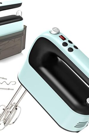 9-Speed Digital Hand Mixer Electric, 400W Powerful DC Motor, Baking Mixer Handheld with Snap-On Storage Case, Touch Button, Turbo Boost, Dough Hooks, Whisk (Ice Blue)