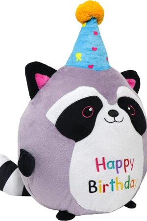 The Raccoon Plush Toy 10 Inch Cute Birthday Stuffed Animal Soft Raccoon Plushies Pillow Wear Unicorn Birthday Hat Kawaii Cartoon Doll Gifts for Kid Toddlers Home Room Decoration