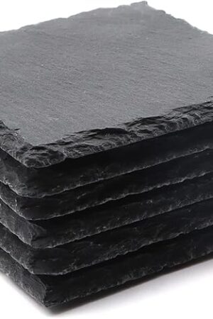 6 Pack Square Slate Drink Coasters, VIBRATITE 4 Inch Black Slate Stone Coasters Bulk Cup Coaster Laser Engraving Blanks with Anti-Scratch Bottom for Drink Coffee Bar Kitchen Home Decor