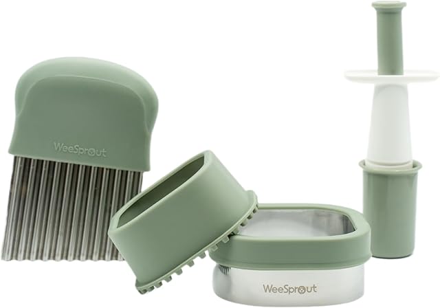 Baby Led Weaning Kitchen Tool Set, Includes Crinkle Cutter, Grape Cutter & Sandwich Cutter, Made In Collaboration With Feeding Specialist, Durable & Dishwasher Safe, Matte Green