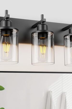 3-Light Black Bathroom Light Fixture Over Mirror Modern Farmhouse Bathroom Vanity Light Vintage Wall Lighting with Clear Glass Shade for Bathroom, Bedroom, Hallway, Cabinet