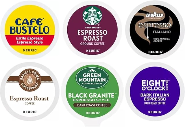 Espresso Style Dark Roast Italian K-Cup Pods Coffee Variety Pack Sampler Includes Cafe Bustelo, Eight O'Clock, Barista Prima Coffeehouse, Lavazza, Starbucks, Green Mountain Black Granite for Keurig Brewers (24 Count)