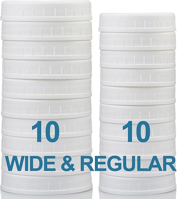 AOZITA 10 WIDE Mouth & 10 REGULAR Mouth Mason Jar Lids - 20 Pack Food Grade Plastic Mason Jar Caps for Ball, Kerr and More Canning Jars - Leakproof & Dishwasher Safe - White