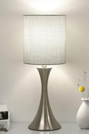 3 Way Touch Control Table Lamp, Dimmable Bedside Desk Lamp with Metal Base Modern Nightstand Lamp Stylish Grey Shade Simple Side Table Lamp for Bedroom, Living Room, Office or Den LED Bulb Included