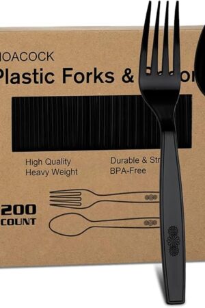 200 Count Black Plastic Silverware, Heavy Weight Plastic Forks Spoons, Disposable Utensils Cutlery Set for Wedding Party Supplies Everyday Use