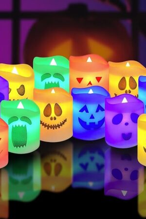 Anditoy 12 Pack Halloween Flameless Candles Battery Operated LED Colorful Tealights for Indoor Halloween Decorations Home Halloween Decor