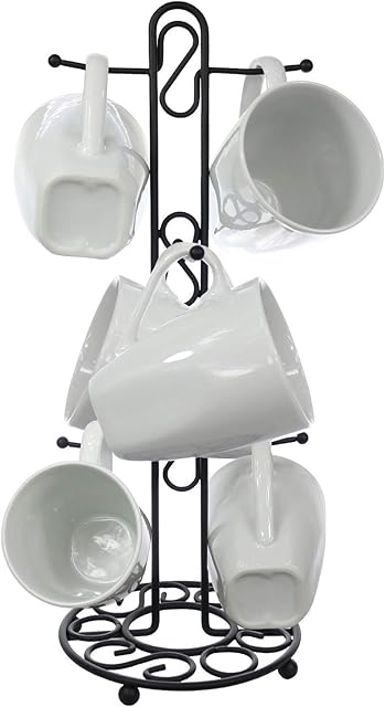 Blue Donuts Farmhouse Coffee Mug Rack, Coffee Mug Tree for 6 Mugs, Coffee Cup Holders for Counter, Black Coffee Cup Holder Countertop Organizer for Kitchen, Vintage Mug Rack