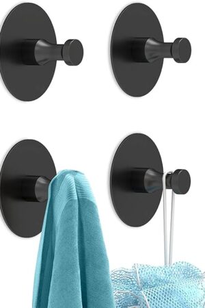 Adhesive Hooks for Walls No Damage 4 PCS, Heavy Duty Aluminum Strong Adhesive Towel Hooks for Bathrooms for Inside Shower for Hanging Loofah, Clothes, Robes