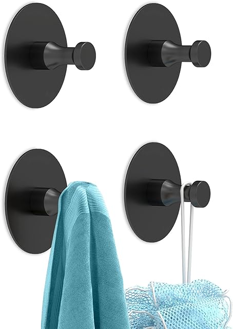Adhesive Hooks for Walls No Damage 4 PCS, Heavy Duty Aluminum Strong Adhesive Towel Hooks for Bathrooms for Inside Shower for Hanging Loofah, Clothes, Robes