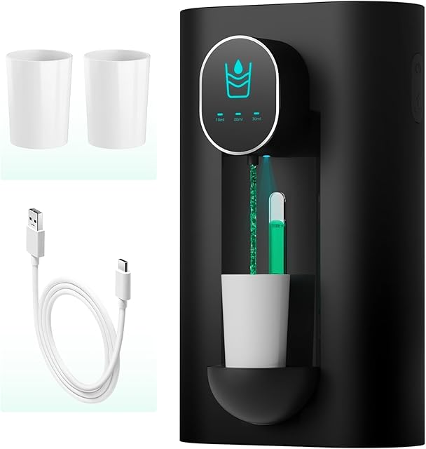 Automatic Mouthwash Dispenser 18.26 oz Touchless Mouthwash Dispenser for Bathroom 2 Magnetic Cup USB Rechargeable and 3 Dispensing Levels with Led Screen Wall-Mounted or Countertop Use-Black