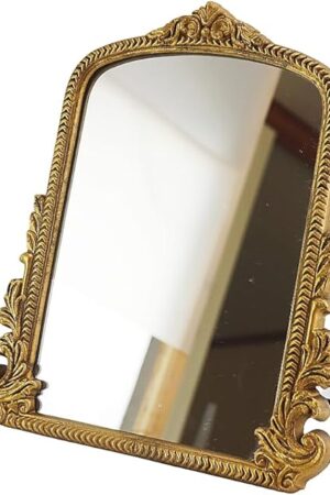 Vintage Vanity Makeup Desk Mirror Antique Traditional Chic Arch Table Mirror Gold，Decor Wood Framed Small Standing Carved Arendahl Mirror for Living Room,Bedroom,Tabletop 11.8" x 9.6"