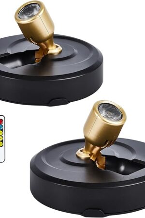 2-Pack Wireless LED Spotlight Battery Operated Picture Lights, Puck Lights with 2 Remote, Dimmable Stick Spotlight with Timmer for Wall Display Painting Dartboard Artwork Accent Closet