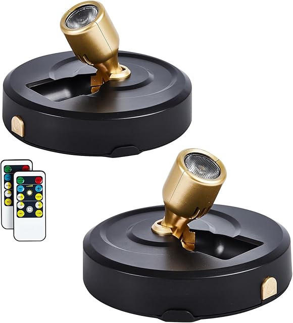 2-Pack Wireless LED Spotlight Battery Operated Picture Lights, Puck Lights with 2 Remote, Dimmable Stick Spotlight with Timmer for Wall Display Painting Dartboard Artwork Accent Closet