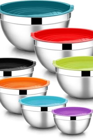 E-far Stainless Steel Mixing Bowls with Lids, 7-Piece Metal Nesting Bowls with Colorful Airtight Lids for Saving Storage Space, Size 7, 4.6, 3, 2, 1.5, 1, 0.7QT, Great for Baking/Cooking/Prepping