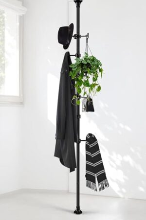 Coat Rack Freestanding, 56 to 125 inch Adjustable Tension Rod Hanger with 12 Hooks for Hanging Coat, plant,Jacket, Hat, Scarf, Suitable for Living Room, Balcony, Kitchen Black
