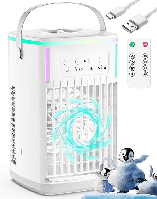 Portable Air Conditioners Fan with Remote,1500ml Tank, 1-6H Timer, 3 Wind Speeds, Personal Mini Air Cooler with Humidifier for Room Bedroom Desk