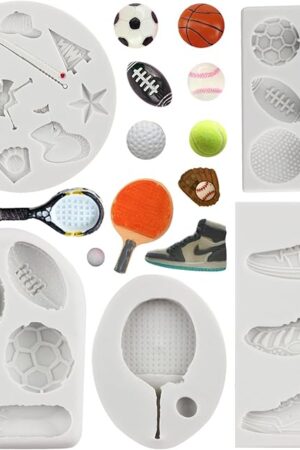 Ball Silicone Molds Football Baseball Basketball Rugby Tennis Fondant Mold Sneakers Sports Shoe Mold For Cake Decorating Cupcake Topper Candy Chocolate Gum Paste Polymer Clay Set Of 5