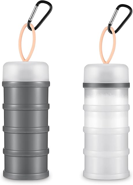Baderke 2 Pcs Protein Powder Container with Funnels Stand, 4 Stackable Leakproof Protein Powder Dispenser, Portable Keychain Powder Container for Workout, Fitness, Travel(Gray, White)