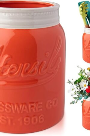 Comfify Wide Mouth Mason Jar Utensil Holder Decorative Kitchenware Organizer Crock, Dishwasher Safe - Kitchen Caddy, Large Size 7" High - Coral
