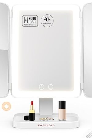 EASEHOLD Lighted Makeup Mirror with 3X Magnification, 3 Color Lights & Touch Sensor - Rechargeable Trifold Vanity Mirror for Travel, Desk, Home Use