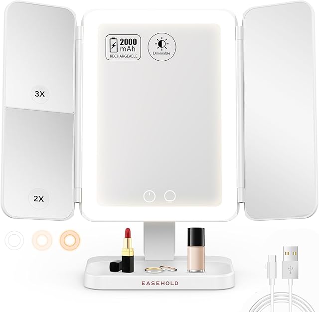 EASEHOLD Lighted Makeup Mirror with 3X Magnification, 3 Color Lights & Touch Sensor - Rechargeable Trifold Vanity Mirror for Travel, Desk, Home Use