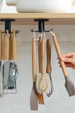 2pcs Under Cabinet Kitchen Utensil Hooks,360° Rotating Drilling Free Adhesive Utensils Hanging Rack for Tools/Towel/Knife (Black)