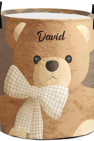 Brown Teddy Bear Bow Personalized Laundry Basket Custom Name Collapsible Waterproof Laundry Hamper Clothes with Handle for Bedroom Bathroom Nursery Decor