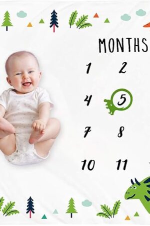 Baby Monthly Milestone Blanket Boy - Dinosaur Neutral Newborn Month Blanket for Boy & Girl Personalized Shower Gift Soft Plush Fleece Photography Background Prop with Frame Large 47''x40''