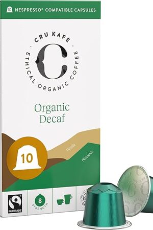 Cru Kafe Decaf USDA Organic Espresso Coffee Capsules (10 Pods) Fairtrade Coffee Pods Compatible with Nespresso Original Line and Pixie Machines