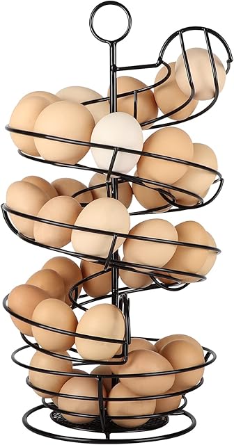 QUTREY Black Metal Egg Holder Countertop, Fresh Egg Skelter, Spiral Design Egg Dispenser Rack with Storage Basket for Kitchen
