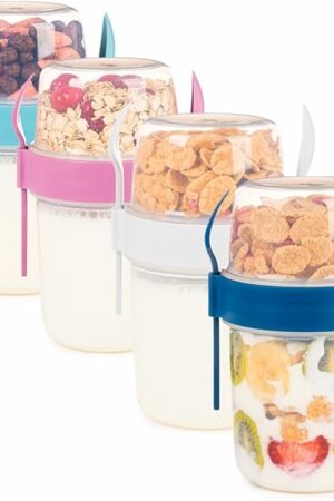 4 Pack On The Go 22 oz Breakfast Cups with Lids and Spoon, Reusable Cereal Yogurt Cup with Topping Plastic Overnight Oats Container for Granola Oatmeal (22 oz - 4 Pack)