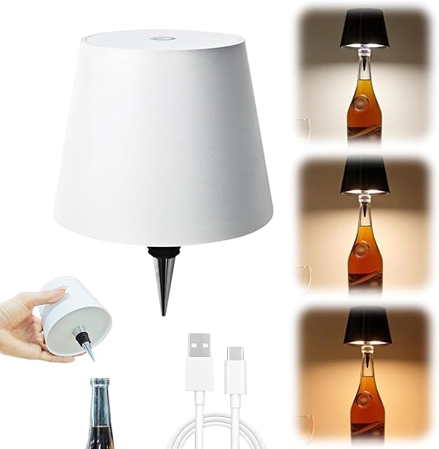 Wireless Bottle Lamp, Portable LED Wireless Bottle Lamp with 3 Modes Light Dimming, Rechargeable Wine Bottle Light Head, Touch Table Lamp for Bedroom, Birthday Christmas Gifts (White)