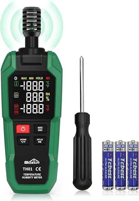 Temperature Humidity Meter,SQECH High Precision Digital Hygrometer with Ambient, Relative Humidity,Dew Point,Wet Bulb,Thermometer Hygrometer with Color Backlight & Flashlight,Max/Min,Data Hold