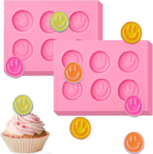 2 Pcs Smiley Face Cake Decoration Fondant Molds,Smile Shape Chocolate Silicone Mold,for Cupcake Decoration,Cookies,Marzipan,Gum,Flower Paste,Muffin,DIY Plaster,Epoxy Resin,Polymer Clay